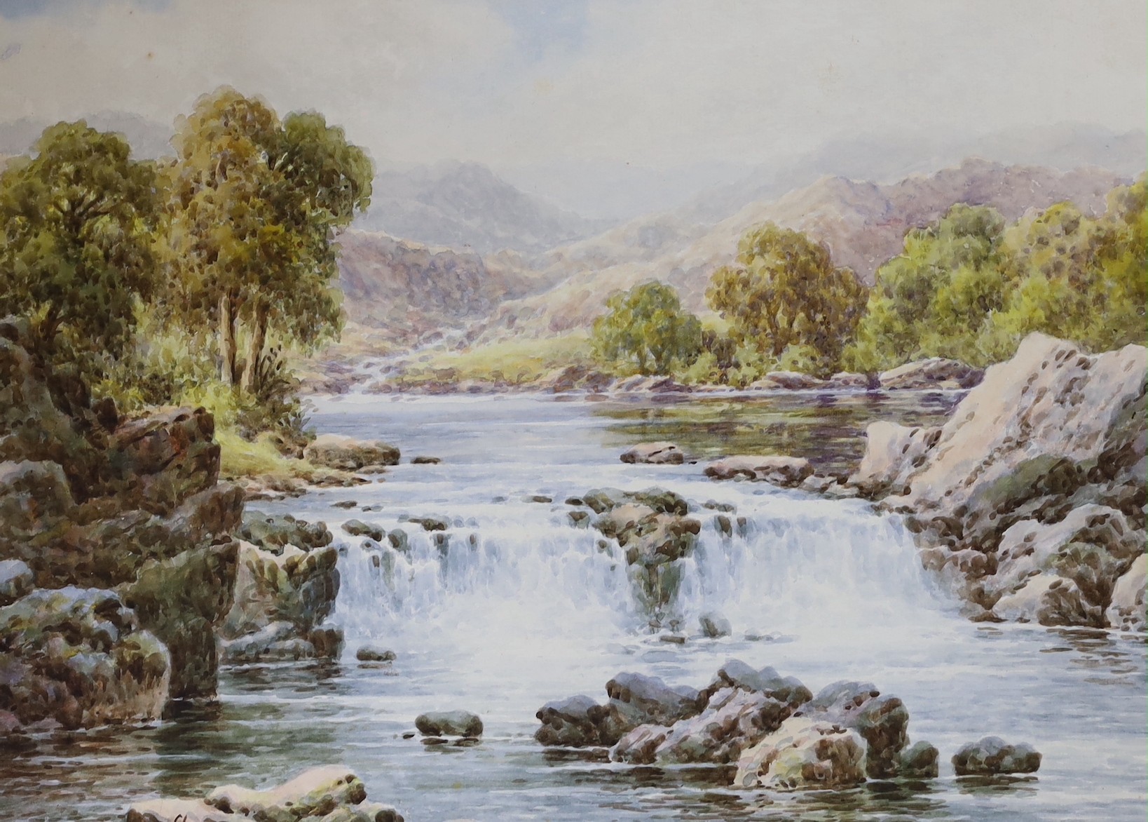 Charles A. Bool (British, 19th/20th century), four watercolours, Cornish seascapes and waterfalls in North Wales, signed, 39 x 29cm, unframed